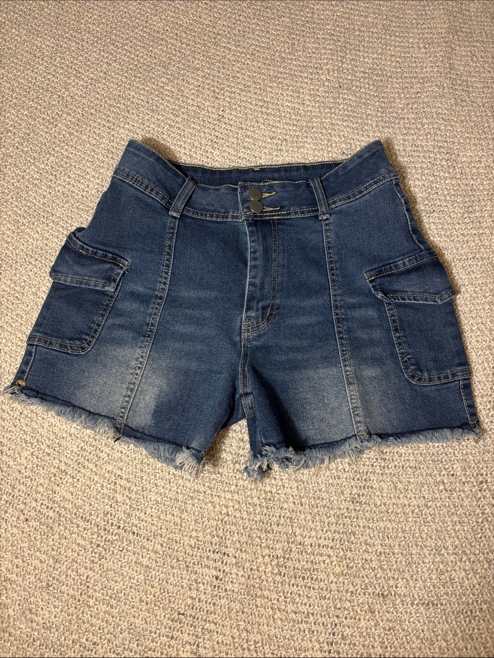High-Rise Dark Blue Denim Utility Cargo Shorts with Frayed Hem